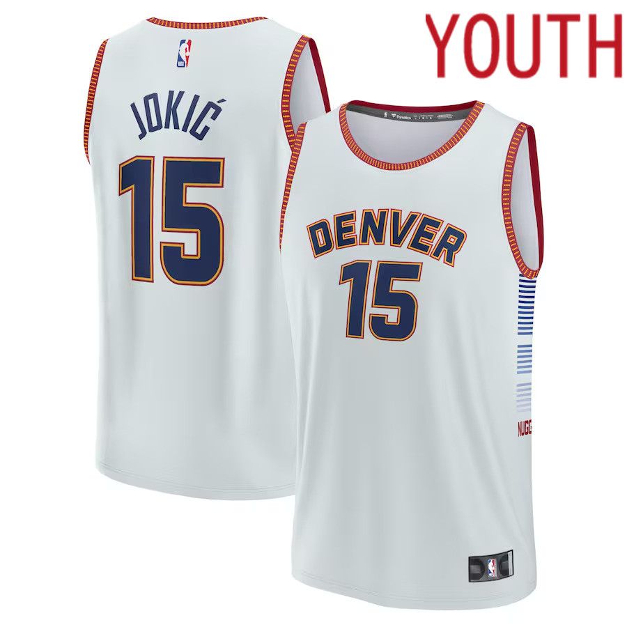 Youth Denver Nuggets #15 Nikola Jokic White Fanatics Branded Silver Fastbreak NBA Jersey